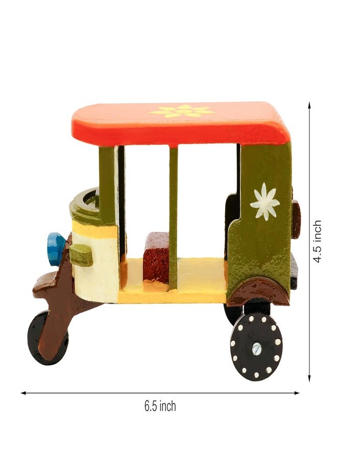 Toolart® Wooden Handcrafted Hand-Painted Auto Rickshaw Toy for Kids | Traditional Push & Pull Wooden Toy Showpiece | Best Birthday Return Gift (Small_Auto_Parent) (04r) - Image 3